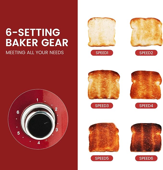 Roter Mond 2 Slice Toaster Retro Stainless Steel with Bagel Cancel and Defrost Functions 6 Bread Shade Settings Extra Wide Slots and Removable Crumb Tray Red