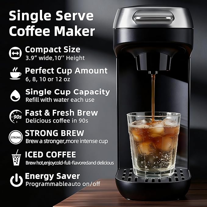 Small Single Serve Coffee Maker for K Cup and Ground Coffee Fast Brew One Cup Coffee 6 to 12 oz. Brew Sizes Machine with Descaling Reminder and Water Window Black