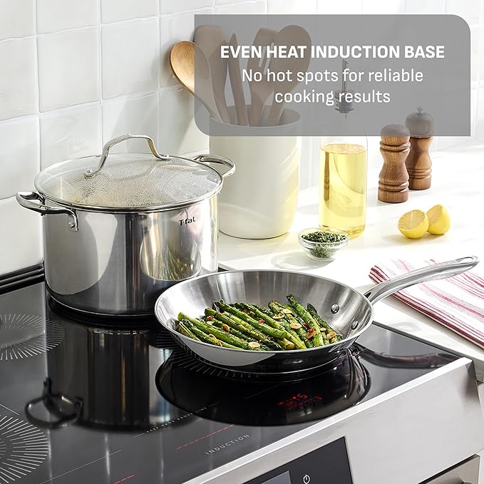 T-fal Gourmet 15-Piece Stainless Steel Cookware Set Pots and Pans Cooking Set Dishwasher Safe Oven Safe to 500°F Induction Compatible Stock Pot Sauce Saute Frying Pans Silver