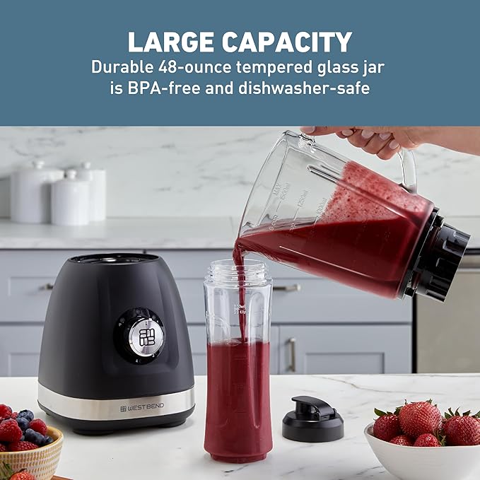 West Bend Blender with 48-Ounce Blending Jar and 20-Ounce Travel Cup Compact Design with Dial Control 700-Watts Black
