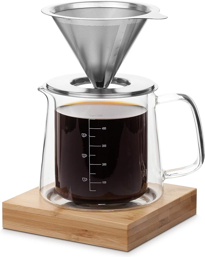 Brew To A Tea BTaT- Pour Over Coffee Maker Set Double Wall Glass 16 oz Drip Coffee Maker Pour Over Permanent Filter