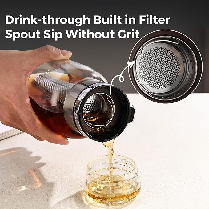 Bincoo Glass Cold Brew Coffee Maker with Extended Fine Mesh Filter Tea Infuser Bottle Iced Coffee Maker with Thick Borosilicate Glass (500ml/17oz)