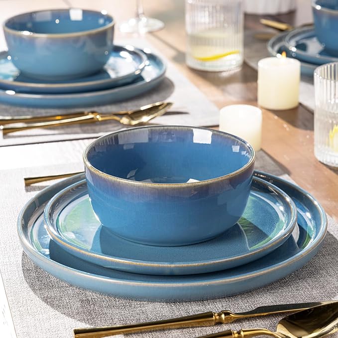 GBHOME Ceramic Dinnerware Sets for 4 12 Pieces Stoneware Plates and Bowls Sets Reactive Glaze Dishes -Scratch Resistant Dishwasher&ampMicrowave Safe-Alaskan Blue