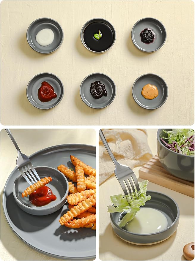 Famiware Mars Plates and Bowls Set of 12 and Milkyway 4oz Dipping Bowls Set of 6 18 Pieces Dinnerware Sets Dark Gray