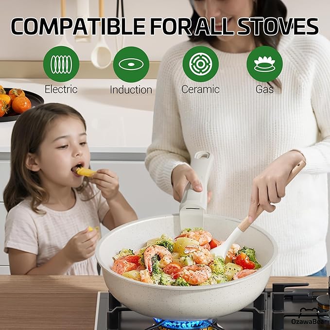 23 Pcs Pots and Pans Set Non Stick Ceramic Cookware Set Non Toxic with Detachable Handles Healthy Induction Cookware Oven Safe RV Kitchen Set PFAS PFOA &amp PTFE Free Cream White