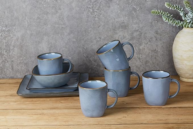 Famiware Ocean Square Plates and Bowls Sets for Kitchen 16-Piece Dinnerware Sets for 4 Mug Set for 4 Blue