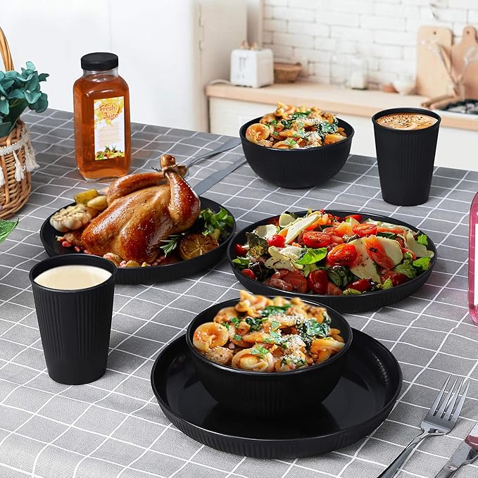 Wheat Straw Dinnerware Sets Kitchen Unbreakable Wheat Straw Plates and Bowls Sets for College Dorm Apartment Reusable Black 12pcs