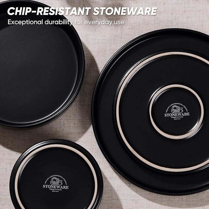 E-far 8-Piece Black Plates and Bowls Sets - Stoneware Dinnerware Sets with Pasta Bowls for 2 | Matte Black Kitchen Modern Dish Set Microwave &amp Dishwasher Safe