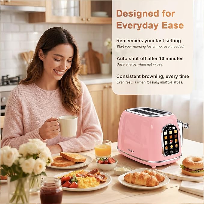 Mecity Toaster 2 Slice Touch Screen Wide Slot Retro Toaster For Breads Bagel Muffin Waffle House Warming Gift New Home 120V 825W Pink Color