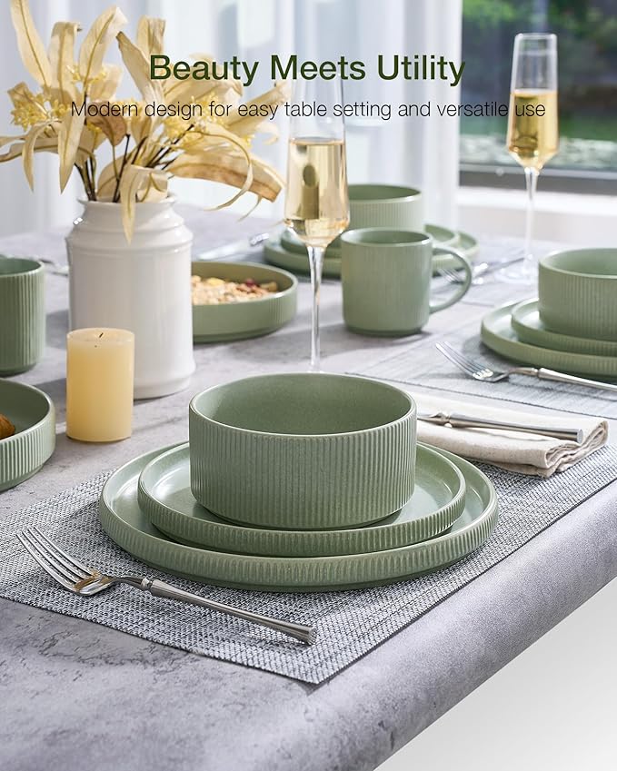 Famiware Star Dinnerware Set Plates and Bowls Sets for 4 (12pcs) Ribbed Stoneware Dishes - Chip &amp Scratch Resistant Microwave &amp Dishwasher Safe Matte Sage Green