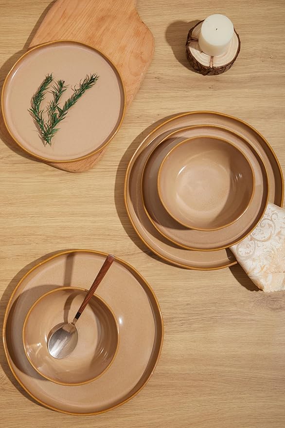 18 Piece Rustic Taupe Plates and Bowls SetEarthy Ceramic Dinnerware Sets for 6 – Handcrafted Dish Set for Inviting Dining &amp Vintage Charm