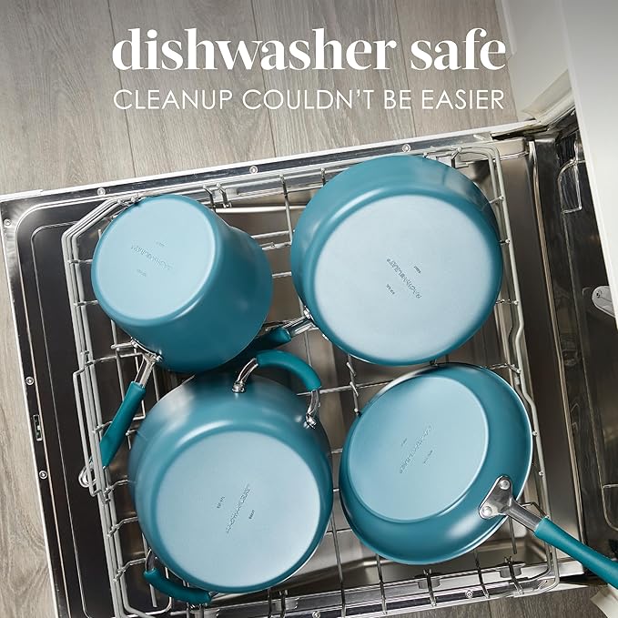 Rachael Ray Cucina Ceramic Nonstick Pots and Pans Set with Saucepans Frying Pans Stockpot Lids and Pan Protectors 10 Piece Non Stick Cookware Set Dishwasher Safe - Marine Blue