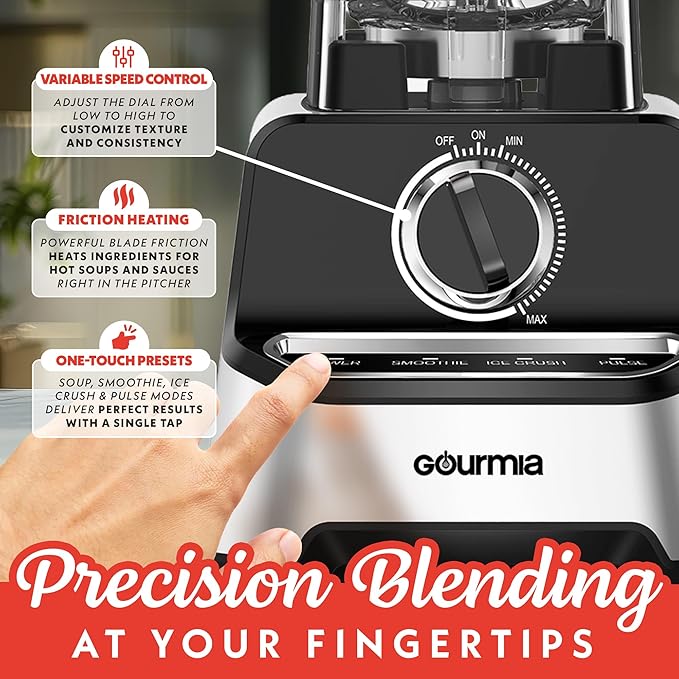 Gourmia Heavy Duty Countertop Blender – 2L BPA-Free Pitcher 1500W High-Speed Motor 45000 RPM 4 Presets Variable Speed Dial Built-In Tamper Dishwasher-Safe Parts Stainless Steel