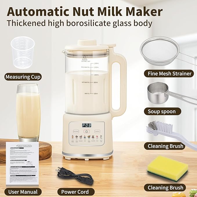 8 in 1 Nut Milk Maker Blender With 20 Bladers40oz Soy Almond Oat Coconut Plant Based and Non Dairy Beverages Automatic Soybean Machine With Delay Start/Keep Warm/Boil Water/Auto-clean.