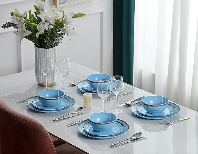 Melamine Dinnerware Set Plates And Bowls Sets for 4 12PCS Blue Color Dinnerware Sets Unbreakable Dinnerware Dishwasher Safe BPA Free(Blue)