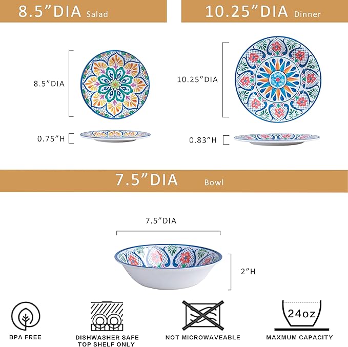 18 Pieces Melamine Dinnerware Sets Service for 6 Paisley Kitchen Plates and Bowls Set Unbreakable &amp Lightweight Dinnerware Set Camping Dishs Indoor Outdoor Use Spanish Floral Pattern