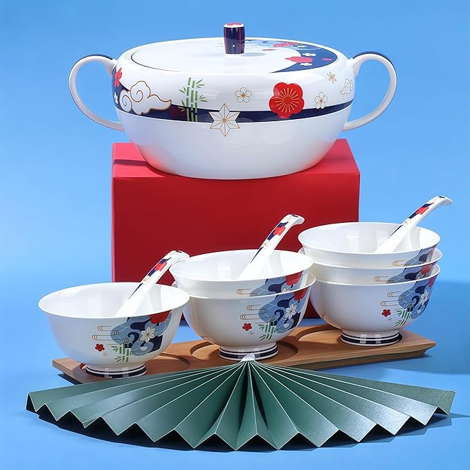 Fine Bone China Dinnerware SetPorcelain&ampCeramic Dinnerware SetsBone Stoneware &amp Ceramic Cookware Tableware Set Includes Dinner Plates|Spoons|Pasta Bowls|Soup Pot|Chopsticks (30PCS * 6-Person