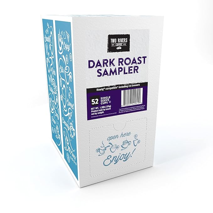 Two Rivers Coffee Dark Roast Coffee Pods Sampler Compatible with K Cup Brewers Including 2.0 Single Serve Variety Pack 52 Count