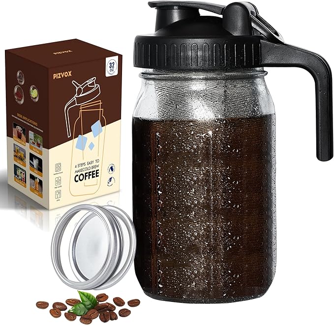 PIZVOXCold Brew Coffee Maker Pitcher 32 oz Thick Glass Mason Jar Spout Lid with Handle &amp Stainless Steel Filter for Iced Brew Coffee Ice Lemonade Sun Tea Fruit Drinks Container