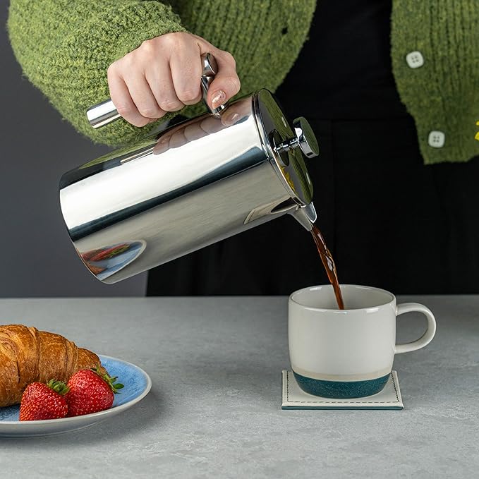 Grunwerg Caf茅 Ole 8 Cup Double Walled Straight Sided Cafetiere Coffee Maker Mirror 1000 ml/1 Litre