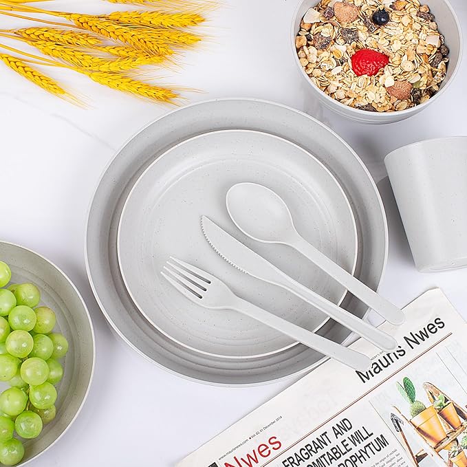EI 42pcs Wheat Straw Dinnerware SetUnbreakable Reusable Plastic PlatesBig Bowls and Pltes for KitchenGrey Plates and Bowls Setsfor Family DinnerCampingPicninc