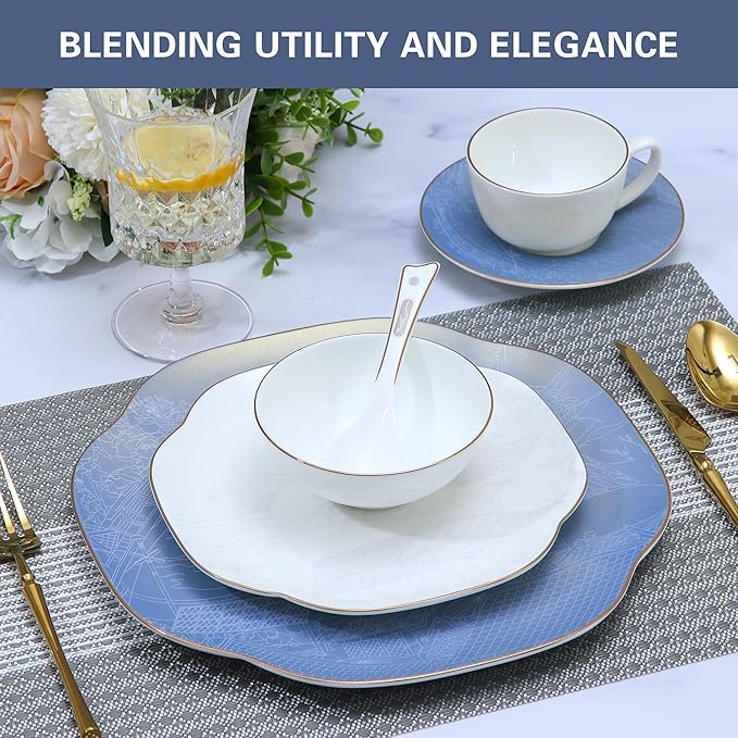 Blue 24 Piece Porcelain Dinnerware SetBone china for 4 Plates and Bowls Sets With Beautiful Pattern Highly Chip and Crack Resistant | Dishwasher Safe Dishes Set (Deep Blue + Pattern)
