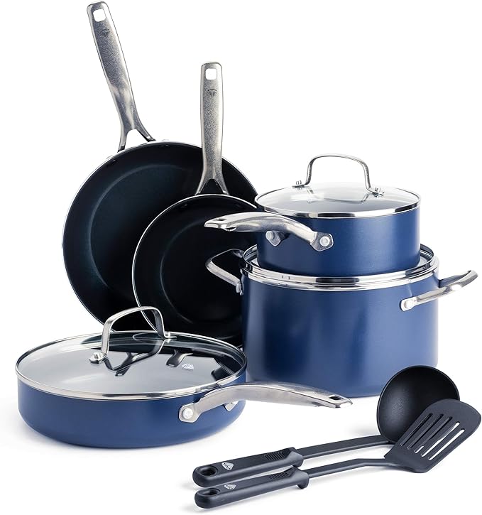 Blue Diamond Cookware Diamond Infused Ceramic Nonstick 10 Piece Cookware Pots and Pans Set Blue &amp Sharp Stone Nonstick Stainless Steel Cutlery 3 Piece Set Blue