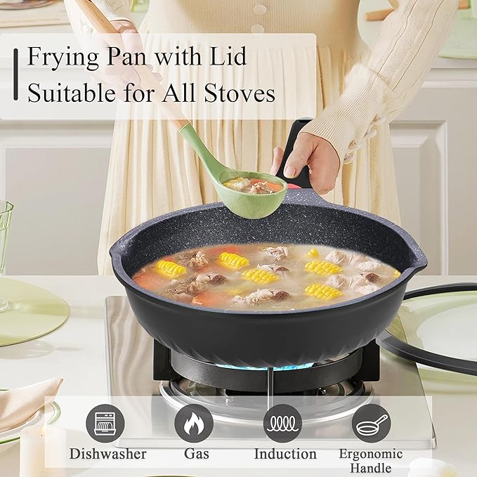 Vinchef Nonstick Skillet with Lid 12.5In Aluminum Deep Frying/Saute Pan with Lid and Heat Indicator Anti Scratch and Anti Stain Induction Compatible