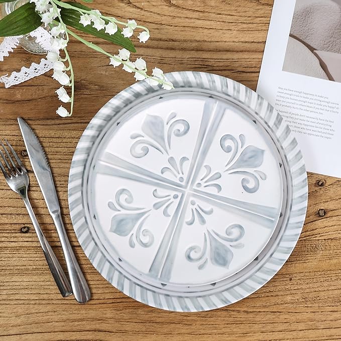Melamine Dinnerware Set12pcs Embossed Plates and Bowls Sets Plastic Dinnerware Dishes Set for 4 Lightweight Unbreakable Dishwasher SafeWhite&ampGrey