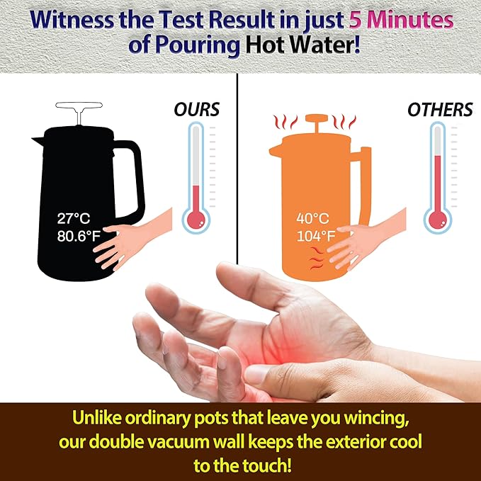 PortableAnd 34oz Double Vacuum Insulation Large Silicone French Press Coffee Maker with Silicone Ring Stainless Steel Perfect for Camping Travel and At-Home Use (Matte Black)