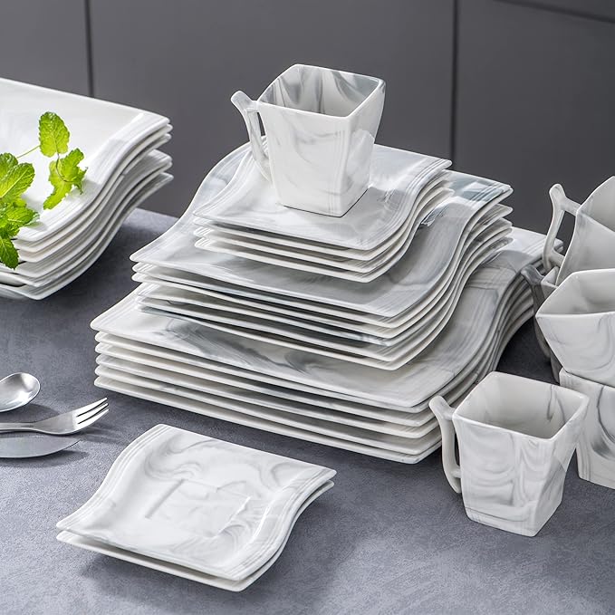 MALACASA 30 Piece Marble Grey Square Dinnerware Sets Bundle With 26 Piece Plates and Bowls Sets Series FLORA