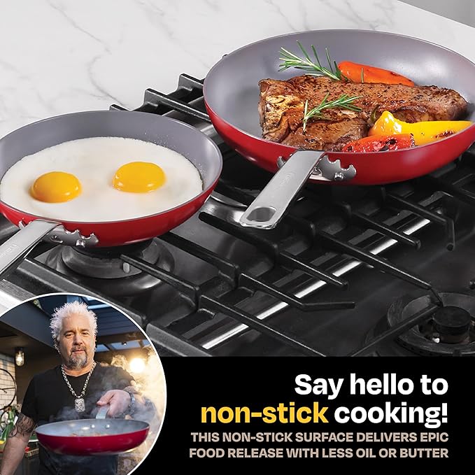 Guy Fieri's Flavortown 2-Piece Ceramic Cookware Set Nonstick Frying Pan Set 10 and 12 Kitchen Cookware Made without PFAS PTFE PFOA Oven and Dishwasher Safe Easy to Clean Everyday Cookware Red