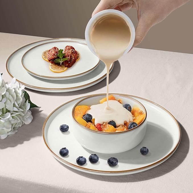 Herogo 12 Pieces Stoneware Dinnerware Sets with 10.43 Inch Dinner Plates Set of 6 Ivory White