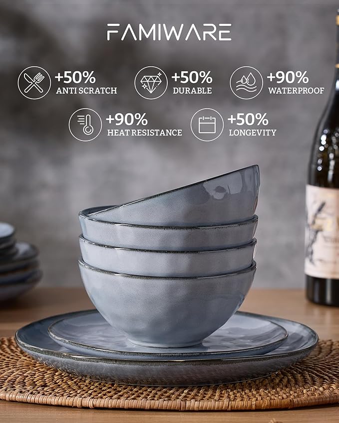 Famiware Dinnerware Sets for 8 Ocean Round 24-Piece Kitchen Plates and Bowls Sets Reactive Glaze Microwave and Dishwasher Safe Scratch Resistant Blue