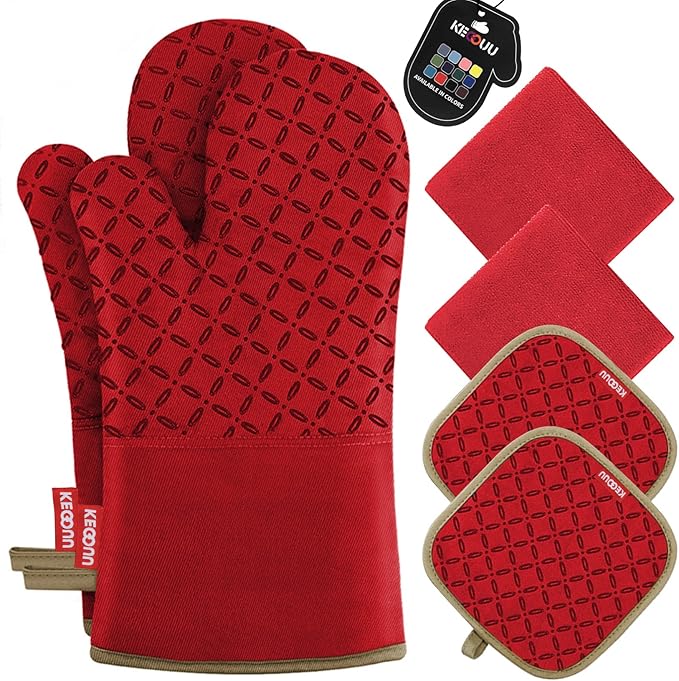 KEGOUU Oven Mitts and Pot Holders 6pcs Set Kitchen Oven Glove High Heat Resistant 500 Degree Extra Long Oven Mitts and Potholder with Non-Slip Silicone Surface for Cooking (Red)