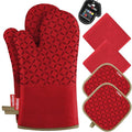 KEGOUU Oven Mitts and Pot Holders 6pcs Set Kitchen Oven Glove High Heat Resistant 500 Degree Extra Long Oven Mitts and Potholder with Non-Slip Silicone Surface for Cooking (Red)