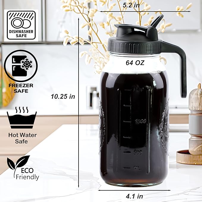 Cold Brew Coffee Maker 64 Oz Mason Jar Iced Coffee Maker 2 Set Half Gallon Glass Pitcher With Pour Spout Lids 2 Quart Wide Mouth Cold Brew Pitcher With Strainer For Fridge Lemonade Cold Brew Milk