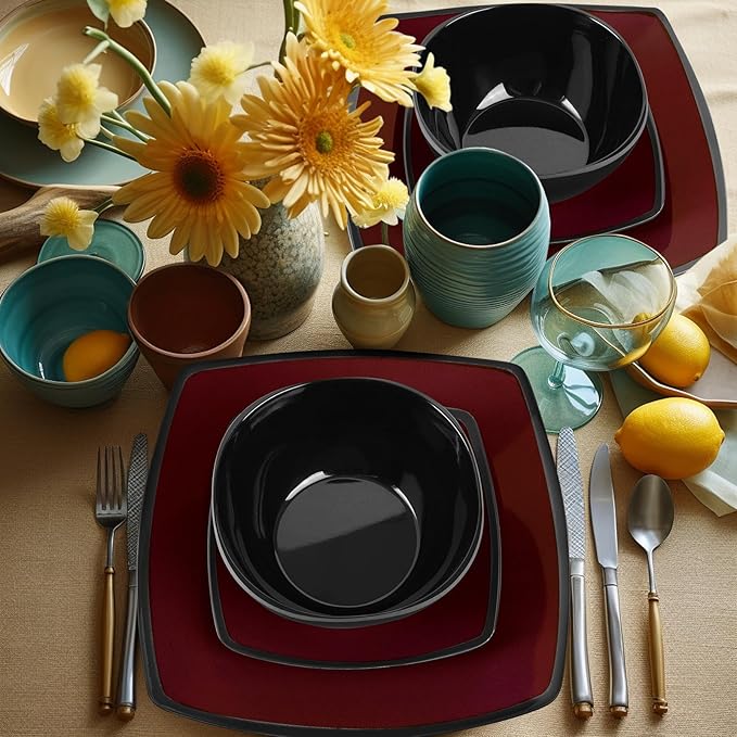 Square Melamine Dinnerware Sets 12 Piece Service for 4 Deep Red Plates and Bowls Sets for Indoor/Outdoor Grill Holiday Party Camping