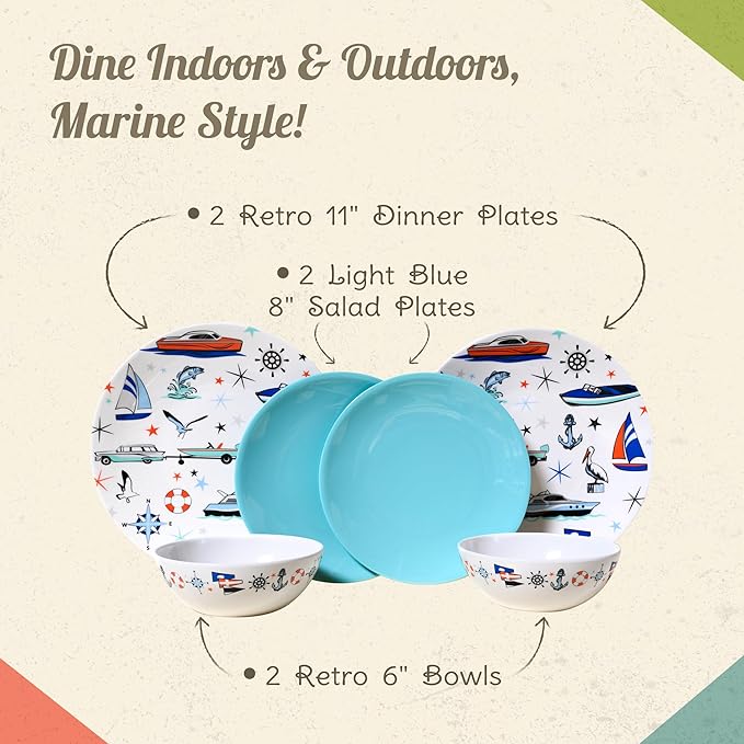 Melamine Dinnerware Sets - 6-pc Marine Dish Set - 2 Bowls 2 Salad &amp 2 Dinner Melamine Plates for Indoor &amp Outdoor - BPA Free Dishwasher Safe Shatter-Res Dinnerware Set - Camping Dishes Cam