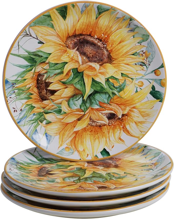 Sunflower Fields 16-Piece Ceramic Dinnerware Set – Great for Fall Gatherings Daily Meals Brunches or Hosting – Service for 4 Includes Dinner Plates Salad Plates Bowls &amp Mugs