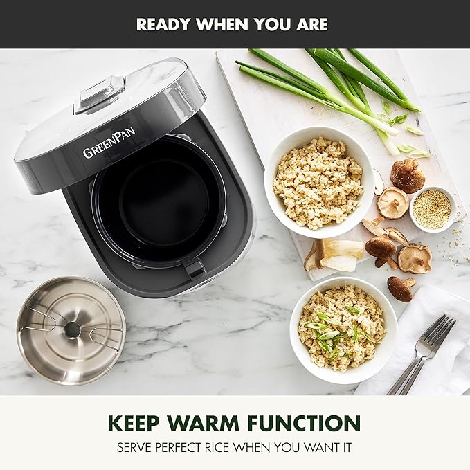 GreenPan Carb Reducing Electric Rice Cooker 4 Cups Uncooked/8 Cooked Rice 10 Presets LED Display Healthier Meals Delay Timer PFAS-Free Ceramic Nonstick Removable Bowl Cool Touch Steam Graphit