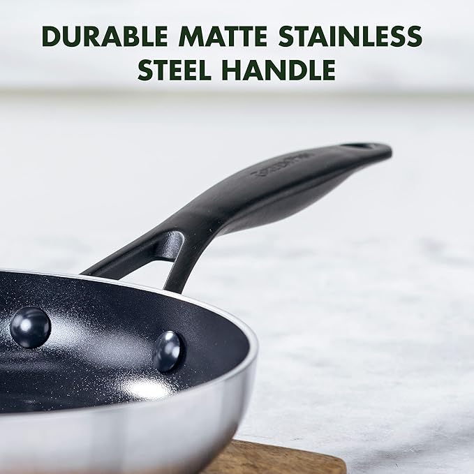 GreenPan Venice Pro Noir Tri-Ply Stainless Steel Healthy Ceramic Nonstick 8 Frying Pan Skillet PFAS-Free Multi Clad Induction Dishwasher Safe Oven &amp Broiler Safe