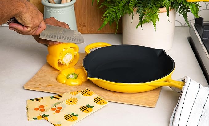 Larder &amp Vine 5-Piece Enameled Cast Iron Cookware Set - Includes 5.7 Quart Dutch Oven with Lid 10.25 Inch Skillet 2.2 Quart Saucepan with Lid (Limoncello)