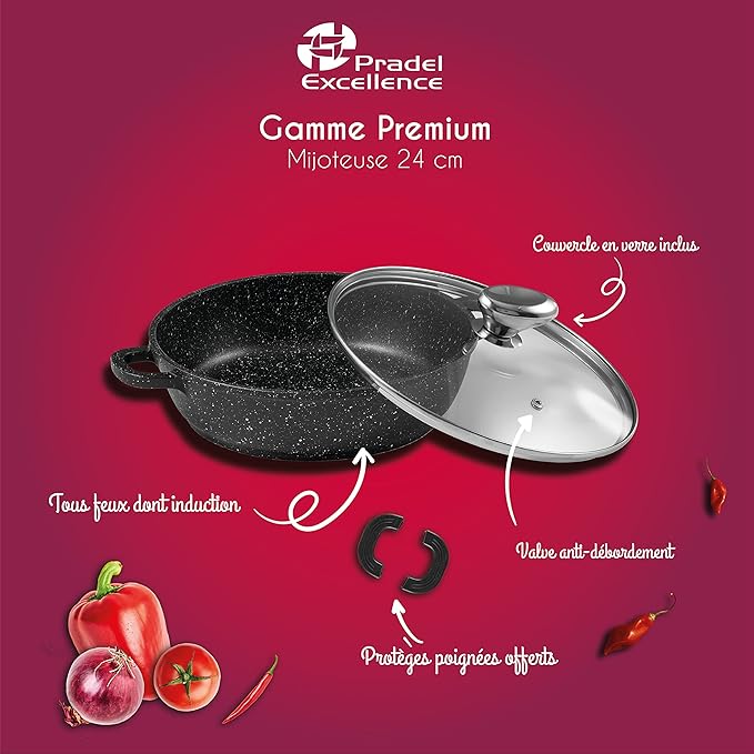 Pradel Excellence - 24 cm stone-shaped slow cooker - Black cast aluminium - non-stick coating - Glass lid - Silicone handles - Homogeneous cooking - Suitable for all heat sources