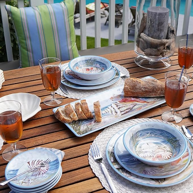 Seacoast Melamine 12 Piece Dinnerware Set – Coastal Beach-Themed Plates and Bowls Service for 4 with Shell and Ocean Art Break-Resistant BPA-Free Reusable Dinnerware Dishwasher Safe Indoor/Outdoor