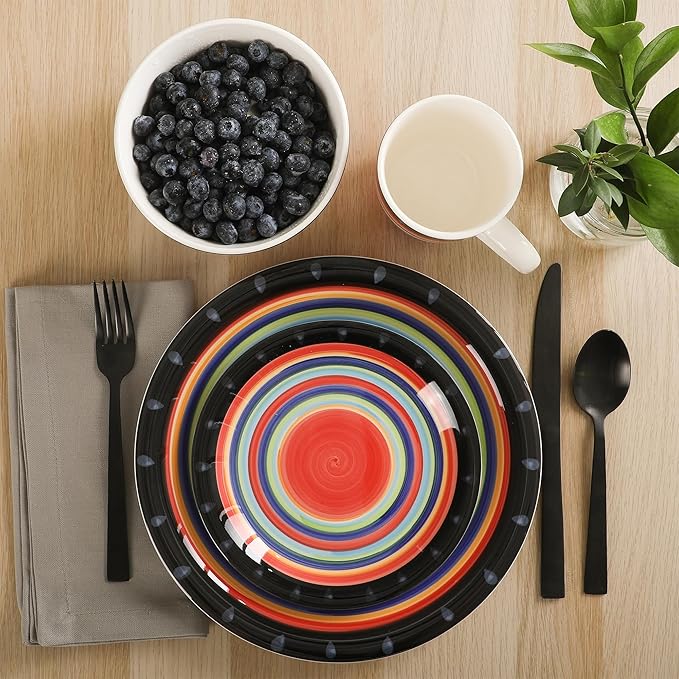 Gibson Home Festival Rings 16-Piece Stoneware Dinnerware Set – Colorful Hand-Painted Plates Bowls &amp Mugs Service for 4 Dishwasher &amp Microwave Safe Vibrant Tableware