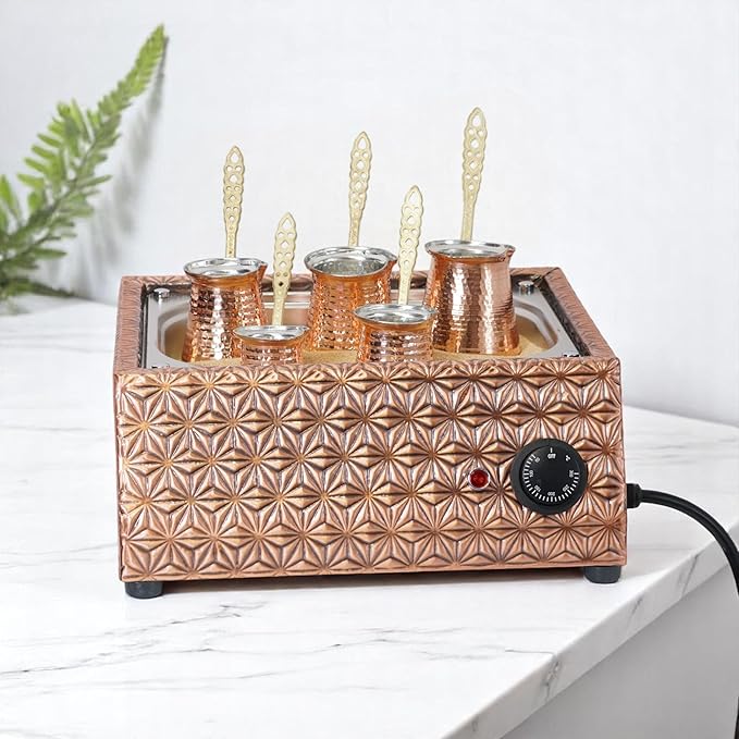 Traditional Handcrafted Copper Sand Coffee Maker Machine – With 5-Pots – 1000 Watt 110 Volt – Authentic Turkish Coffee Experience