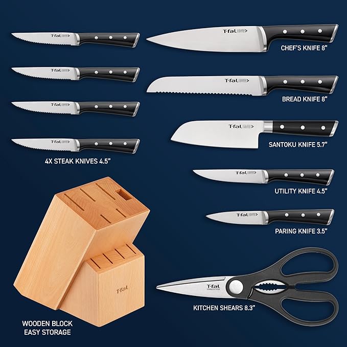 T-fal 28 Piece Set Ultimate Hard Anodized Nonstick Cookware Set With Ice Force Stainless Steel Kitchen Knife Set and Wood Block