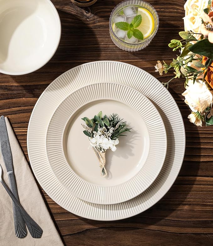 TheTerra Stoneware Dinnerware Sets for 4 12 Pieces Ceramic Plates and Bowls Sets Scratch Resistant Embossed Dish Set Oven Microwave &amp Dishwasher Safe Beige