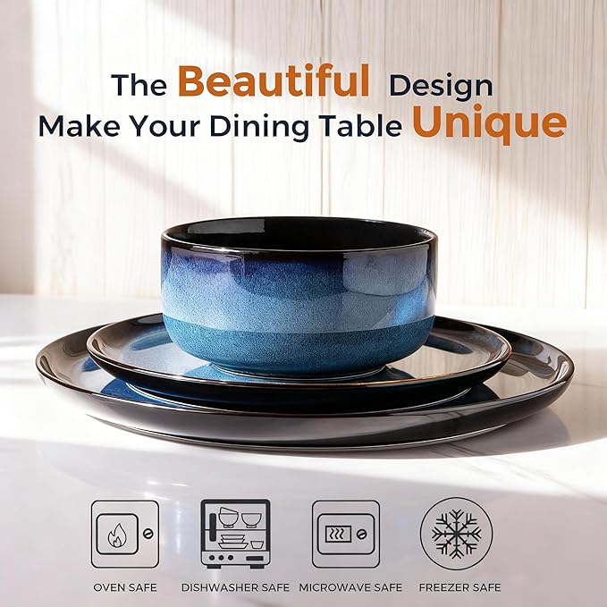 LeRatio Ceramic Dinnerware Sets for 4Porcelain Plates and Bowls SetsHandmade Reactive Glaze Dishes SetChip Resistant and Scratch Resistant | Oven&ampDishwasher &amp Microwave SafeService for 4-B